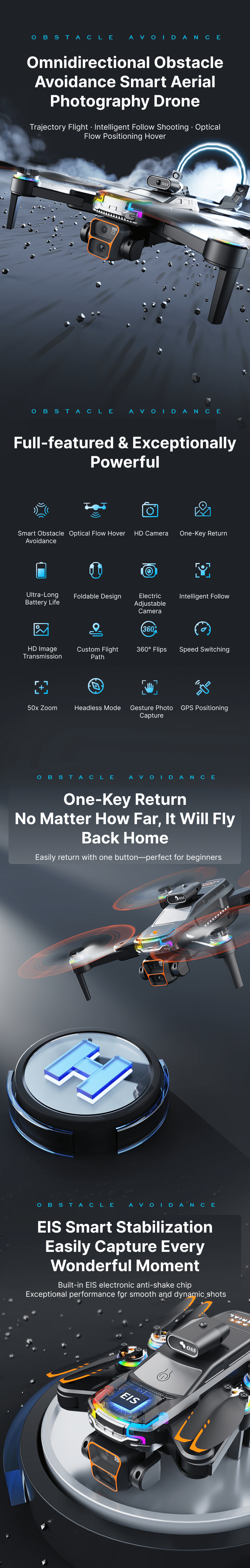 Omnidirectional obstacle avoidance smart drone showcasing features like HD camera, EIS stabilization, one-key return, gesture photo capture, GPS positioning, 360° flips, trajectory flight, and foldable design; ideal for aerial photography and beginner-friendly operation.