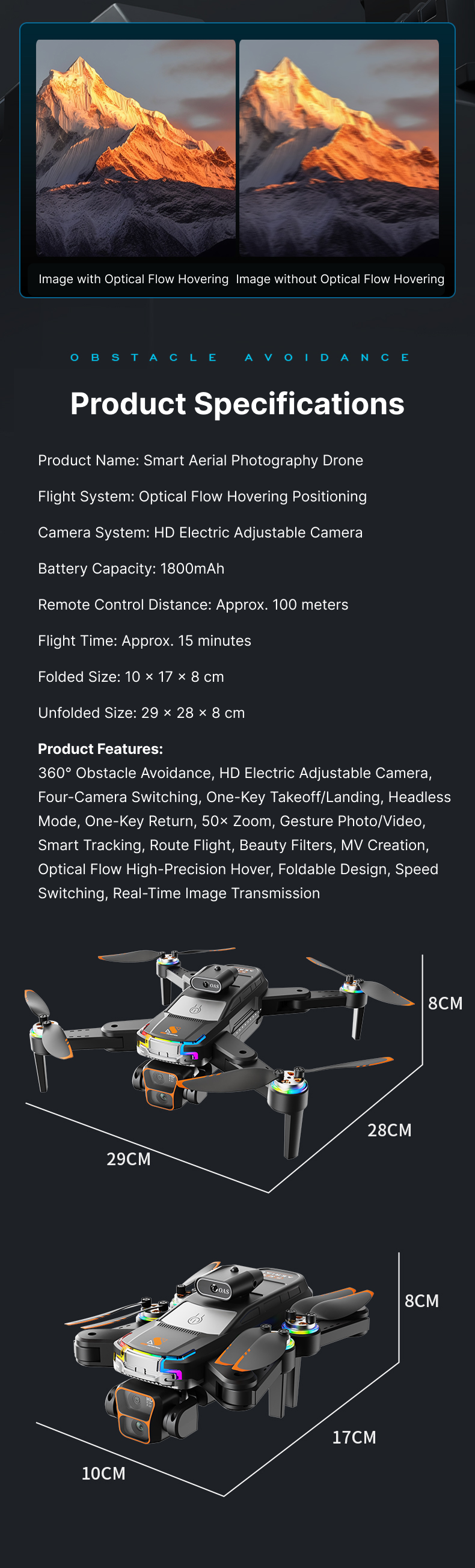 Smart Aerial Photography Drone with 360° obstacle avoidance, HD electric adjustable camera, optical flow hovering, 1800mAh battery, 100m remote range, and foldable design—highlighting product specifications and size dimensions.