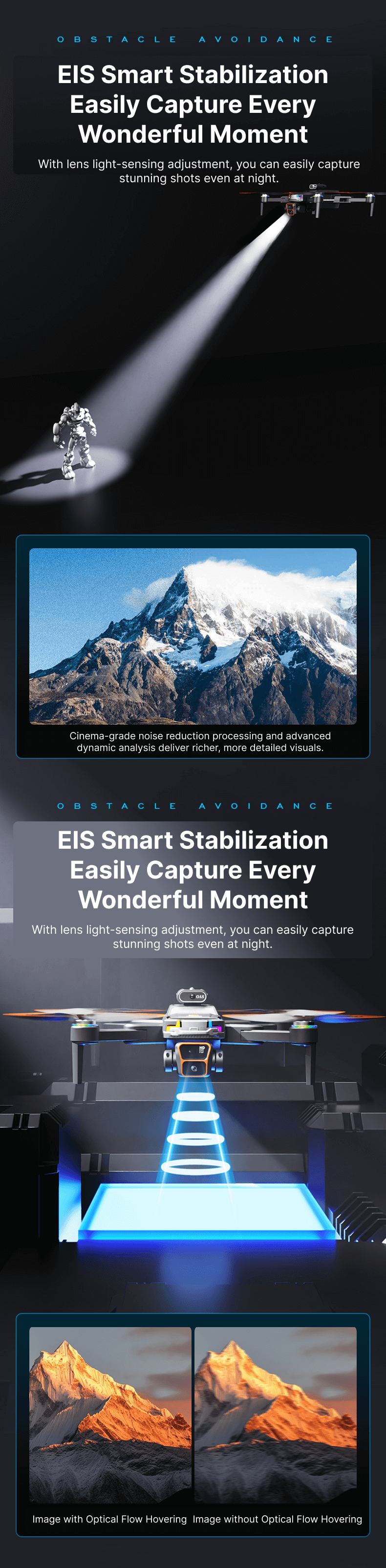 Drone equipped with EIS smart stabilization and optical flow hovering, showcasing night-time light-sensing capture, cinematic image clarity, and enhanced detail through noise reduction—perfect for stunning visuals in any lighting condition.