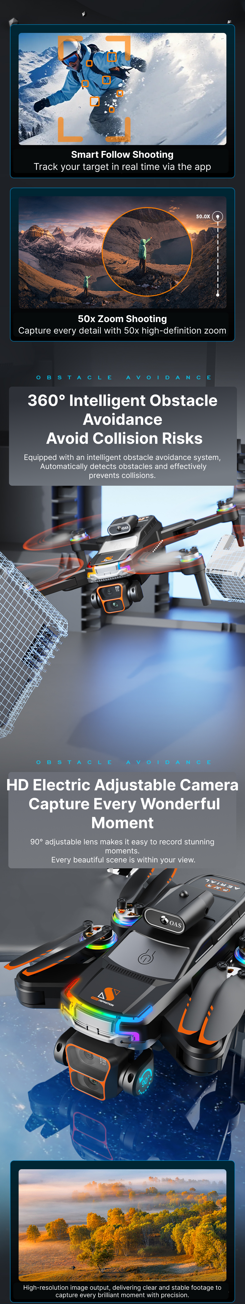 Smart drone showcasing features such as real-time follow shooting via app, 50x zoom capability, 360° intelligent obstacle avoidance, 90° electric adjustable HD camera, and high-resolution image output—ideal for capturing dynamic scenes with clarity and precision.