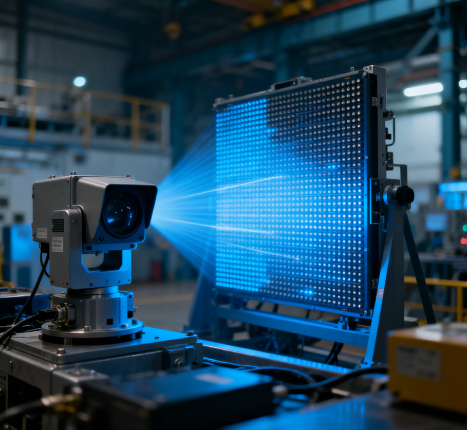 Person standing in a factory with machinery in the background
